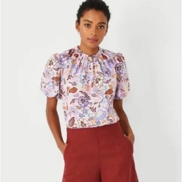 Ann Taylor Purple & Pink Batik Floral Tie Nape Puff Sleeve Blouse - Picture 2 of 11